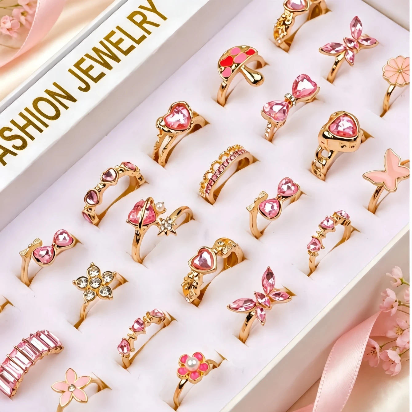 10Pieces Fashion Pink Rhineston Rings Set For Women Mix Style Butterfly Heart Love Open Adjustion Daily Jewelry Party Gifts