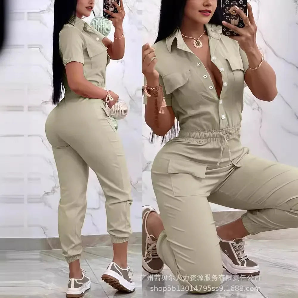 Short Sleeve Pocket Design Cuffed Cargo Jumpsuit Women Summer Solid Color Playsuits Jumpsuits Pants High Waist