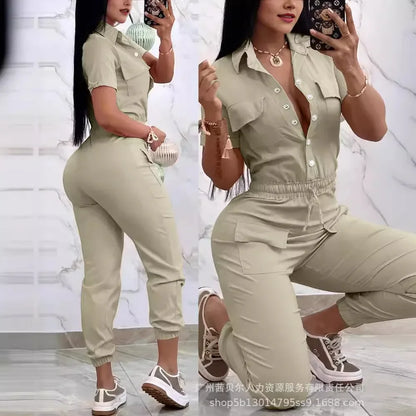 Short Sleeve Pocket Design Cuffed Cargo Jumpsuit Women Summer Solid Color Playsuits Jumpsuits Pants High Waist