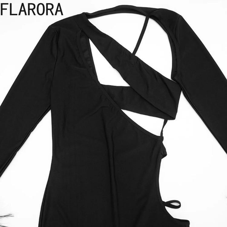 FLARORA Sexy Hollow Out Jumpsuits Woman Faux Fur Patchwork Skew Neck Full Sleeve Backless Skinny Peach Hip Party Club Overalls