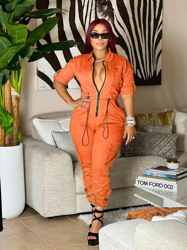 Women's Cargo Style Sexy Jumpsuits Front Zipper Slim Female Sexy Street Party 2025 Summer New Fashion One Piece Suit Long Romper