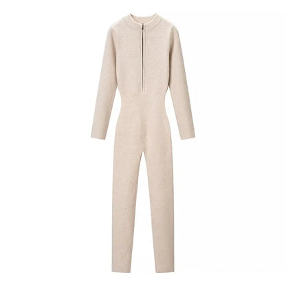 Women's Chic Skateboard One-piece Knitted Elastic Bodycon Bodysuit Lady Sexy Long Sleeve Zipper Inner Skiing Sports Jumpsuits