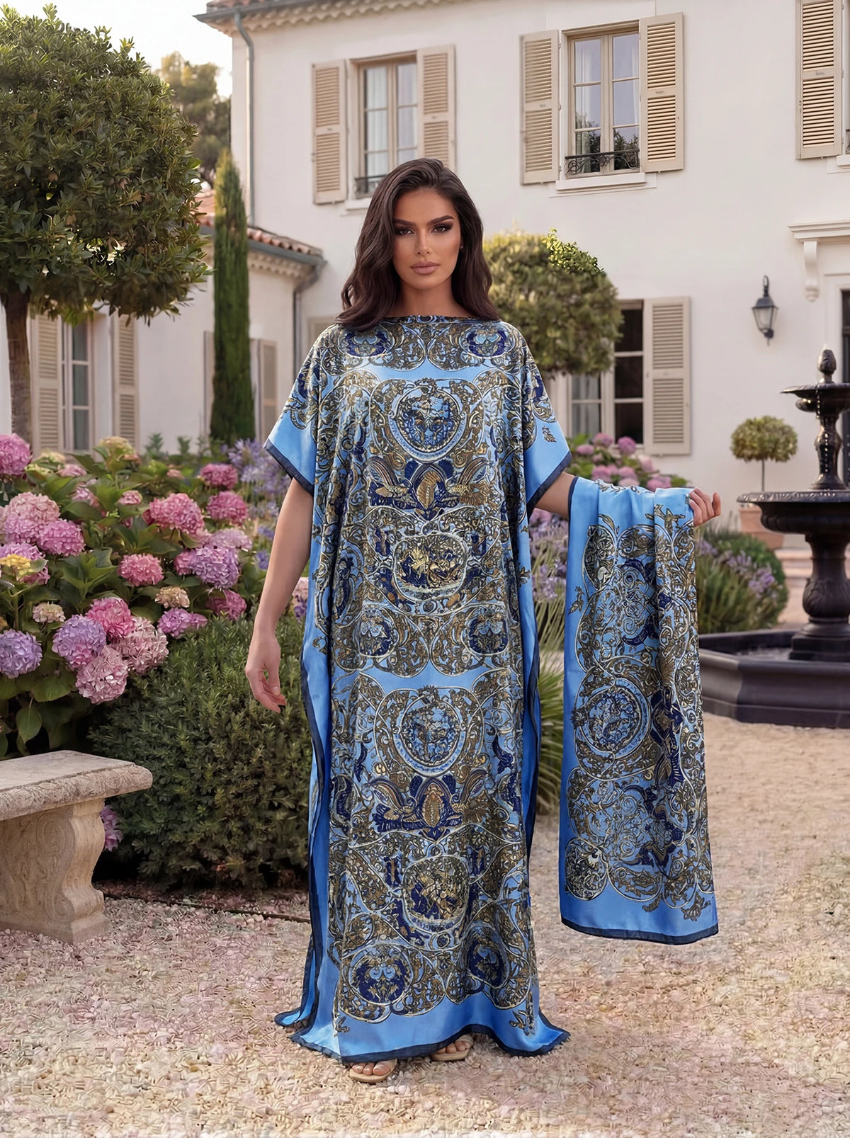 Vintage Baroque Animal Print Abaya With Scarf, Loose Maxi Kaftan For African Muslim Women Summer Beach Holiday Wear