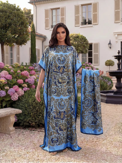Vintage Baroque Animal Print Abaya With Scarf, Loose Maxi Kaftan For African Muslim Women Summer Beach Holiday Wear