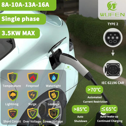 WUFEN Portable Type 2 Charger 110V US NEMA 5-15P Plug Max 3.5kw Type2 EV Charger 16A 1Phase Charging Plug For IEC 62196 Vehicle