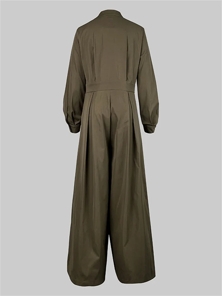 UOOZEE 2026 New Female Fashion High Waisted Wide Leg Jumpsuits Spring Long Sleeves Loose Buttoned V-Neck Office Jump Suits