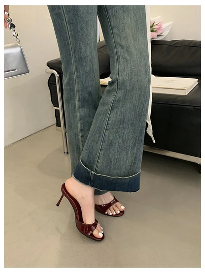 Women Slippers Sandals Fashion Round Open Toe Thin High Heels Mule Slides Summer Party Dress Pumps Shoe Comfortable Sandal Mujer