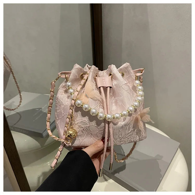 Sweet Butterfly Women Drawstring Bucket Shoulder Bags Versatile Ladies Crossbody Bag Clutch Fashion Girls Pearl Chain Handbags