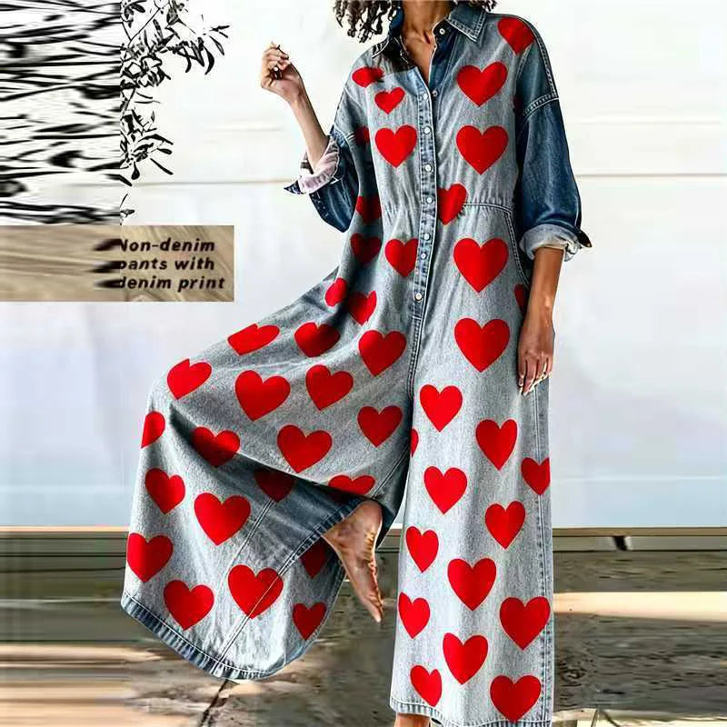 Red Heart Print Wide Leg Jumpsuits Woman Turn-down Collar Button Shirt Rompers Spring Long Sleeve Loose Imitation Denim Overalls