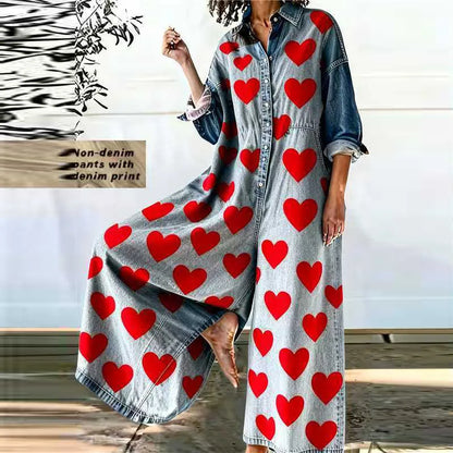 Red Heart Print Wide Leg Jumpsuits Woman Turn-down Collar Button Shirt Rompers Spring Long Sleeve Loose Imitation Denim Overalls