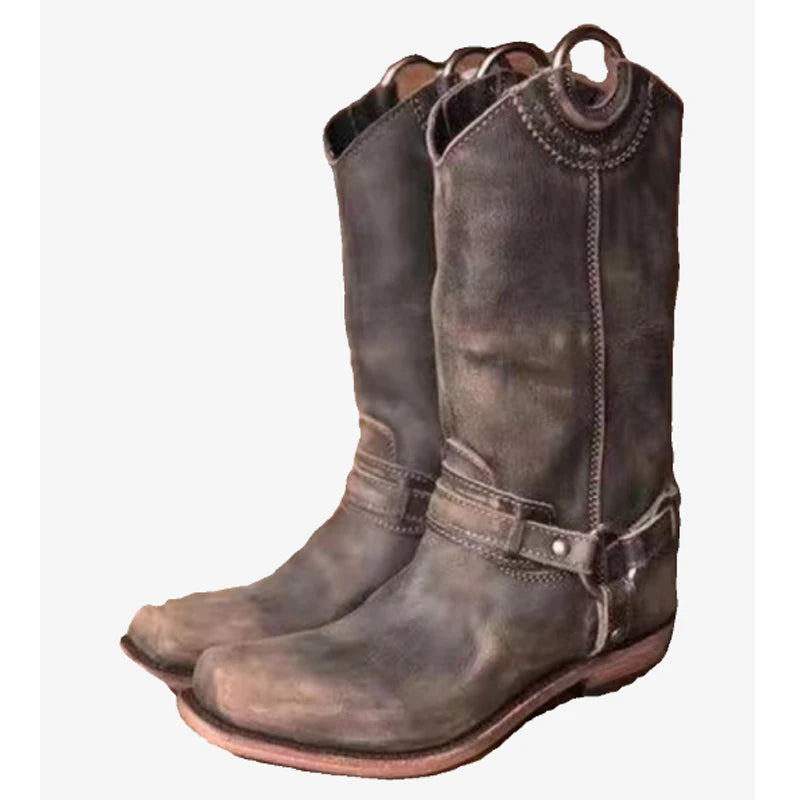 Men's Retro Chunky Heels Western Cowboy Mid-Calf Boots 2026 Buckle Strap Low Heel Vintage Biker Boots Casual Riding Footwear