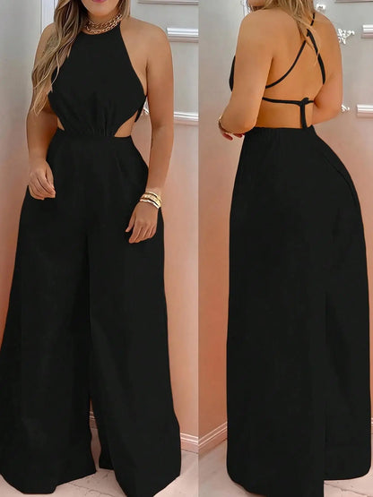 Women's One-Piece Hanging Neck Backless Hollow out Wide Leg Jumpsuit Fashionable Bridesmaid Or Special Occasion Wear