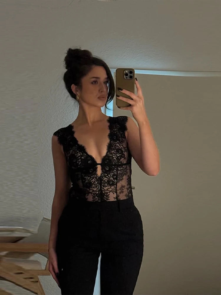 Women's Bodysuit Lace Patchwork Hollow Out Bodysuits Transparent Female Deep V See Through Partywear Spring Sexy Ladies Clubwear