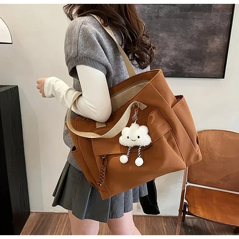 Multi Compartment, Zipper Closure, Women's Bags Large Capacity Japanese Style Tote Bag, Cute Plush Fixed Strap, Casual Elegance