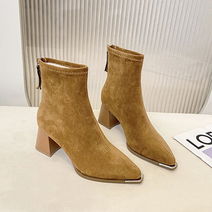 Winter Women Thick Heel Ankle Boots Fashion Pointed Toe Mordern Short Booties Street Style Party Stripper Female Shoes