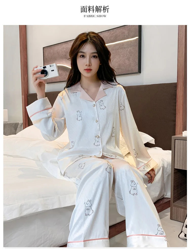 Women's Ice Silk Pajama Set Long Sleeve Long Pants Lightweight Sleepwear for Spring And Autumn Comfortable Homewear Pj Set
