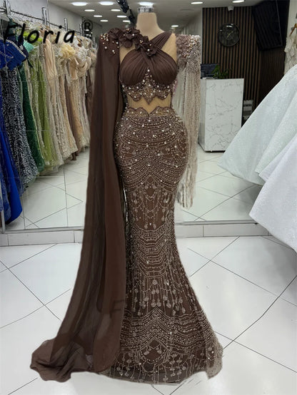 Chocolate Mermaid Evening Dresses With Cape Luxury Crystal Beaded Prom Gown 3D Floral Formal Party Wedding Guest Pageant Dress