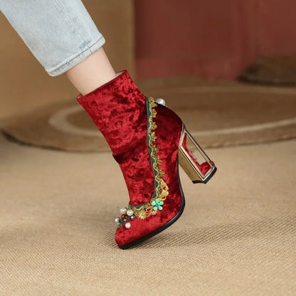 Royal Gemstone Jeweled Flower Velvet Ankle Boots Floral Crystal Cage Fretwork High Heels Blue Red Black Woman Bridal Booties