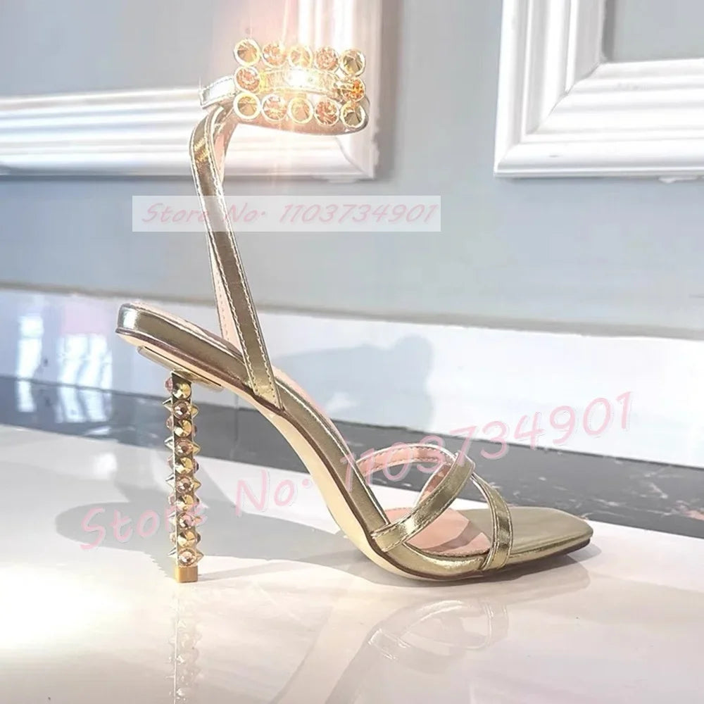 Metal Heels With Rivets Sandals Women Belt Buckle Square Toe Ankle Strap Stiletto Shoes Lady Sexy Luxury Party Elegant Sandals