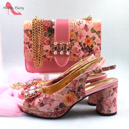 2024 Mature Style High Quality Comfortable Heels Italian Women Shoes and Bag Set with Shinning Crystal in Yellow Color