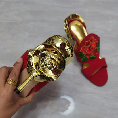 Luxury Flower Sandals Woman Open Toe Gold Strange High Heel Shoes Lady Sexy Mules Slippers