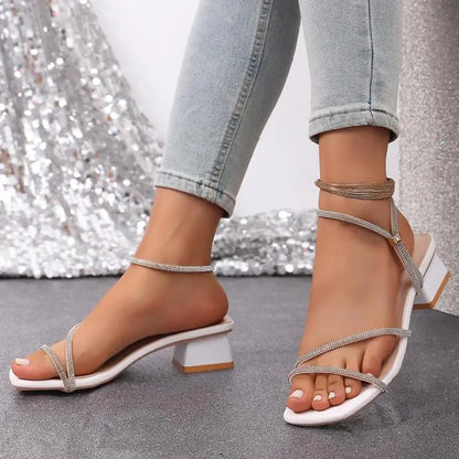 Elegant Square Toe Medium Heel Woman's Sandals Women Summer 2026 Luxury Rhinestore Strap Sandals Plus Size Woman Designer Shoes