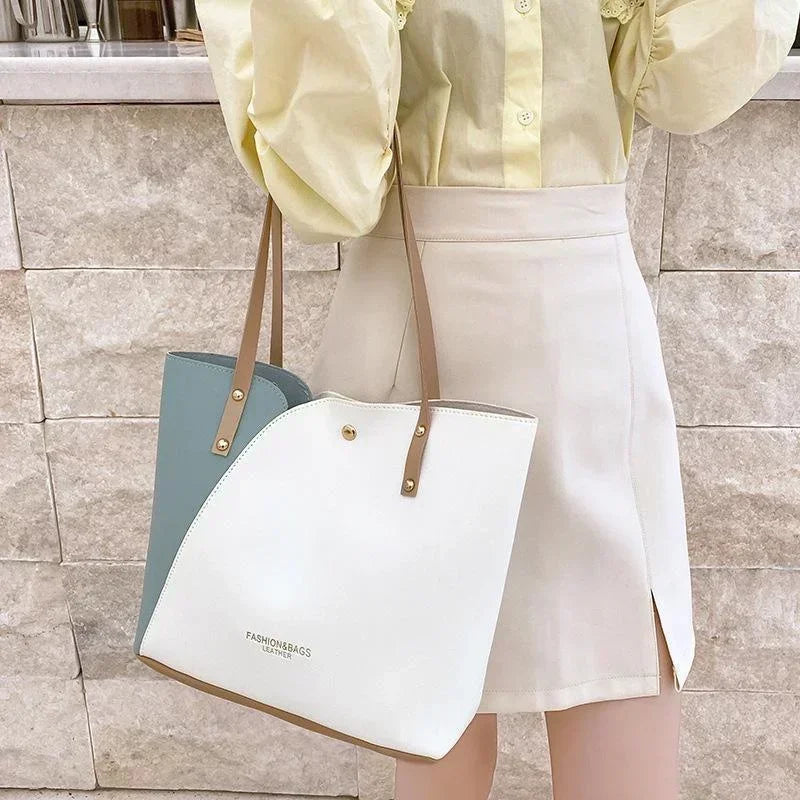 Large Capacity Patchwork Bag Hot Stamped Contrast Color Shoulder Bags Women Pu Leather Ladies Purses and Shopping Bag Casual