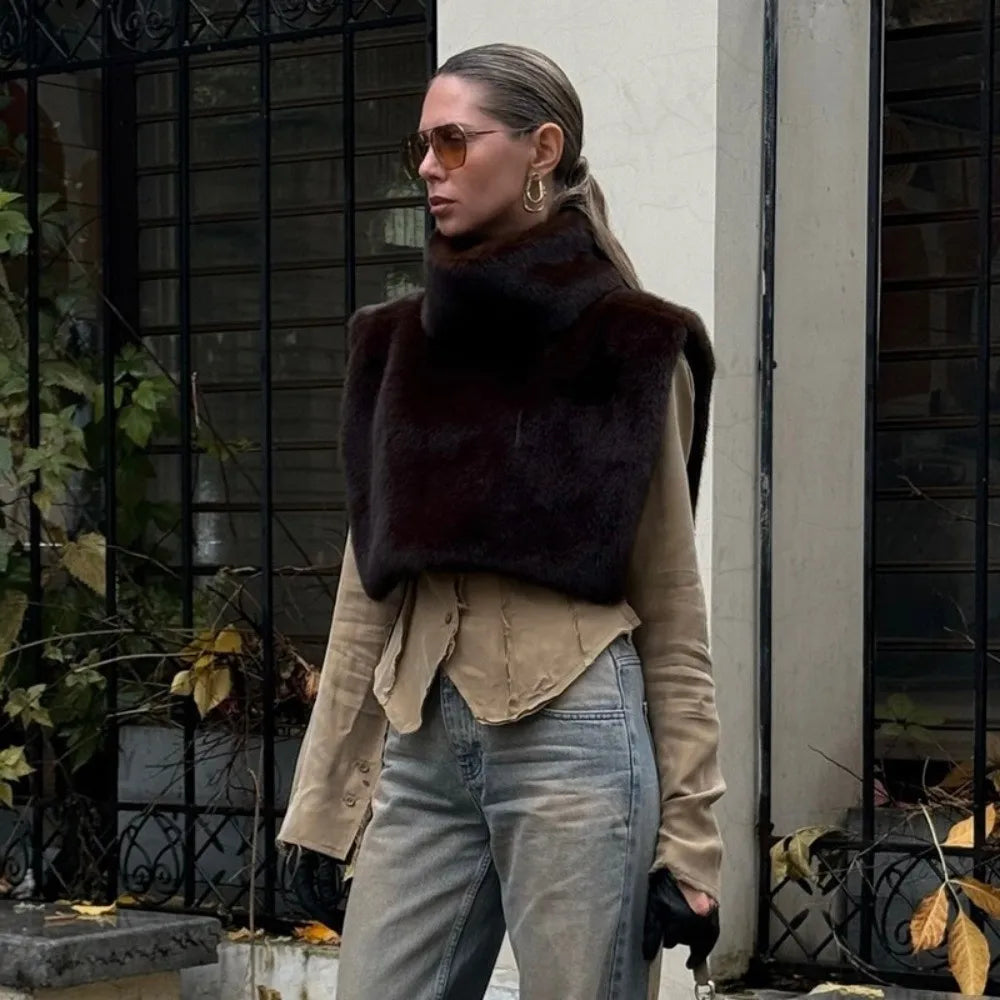 Eco Mink Fur Turtleneck Tank Tops Fluffy High Collar Fashion Top Layering Piece Thicken Waistcoat Women's Apparel