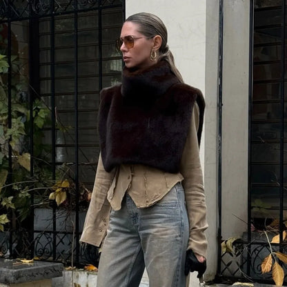 Eco Mink Fur Turtleneck Tank Tops Fluffy High Collar Fashion Top Layering Piece Thicken Waistcoat Women's Apparel