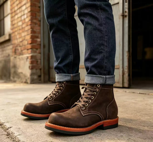 C413 Men Retro Tough Motorcycle Ankle Boots Goodyear Welt Durable Full Leather Outdoor Work Boot