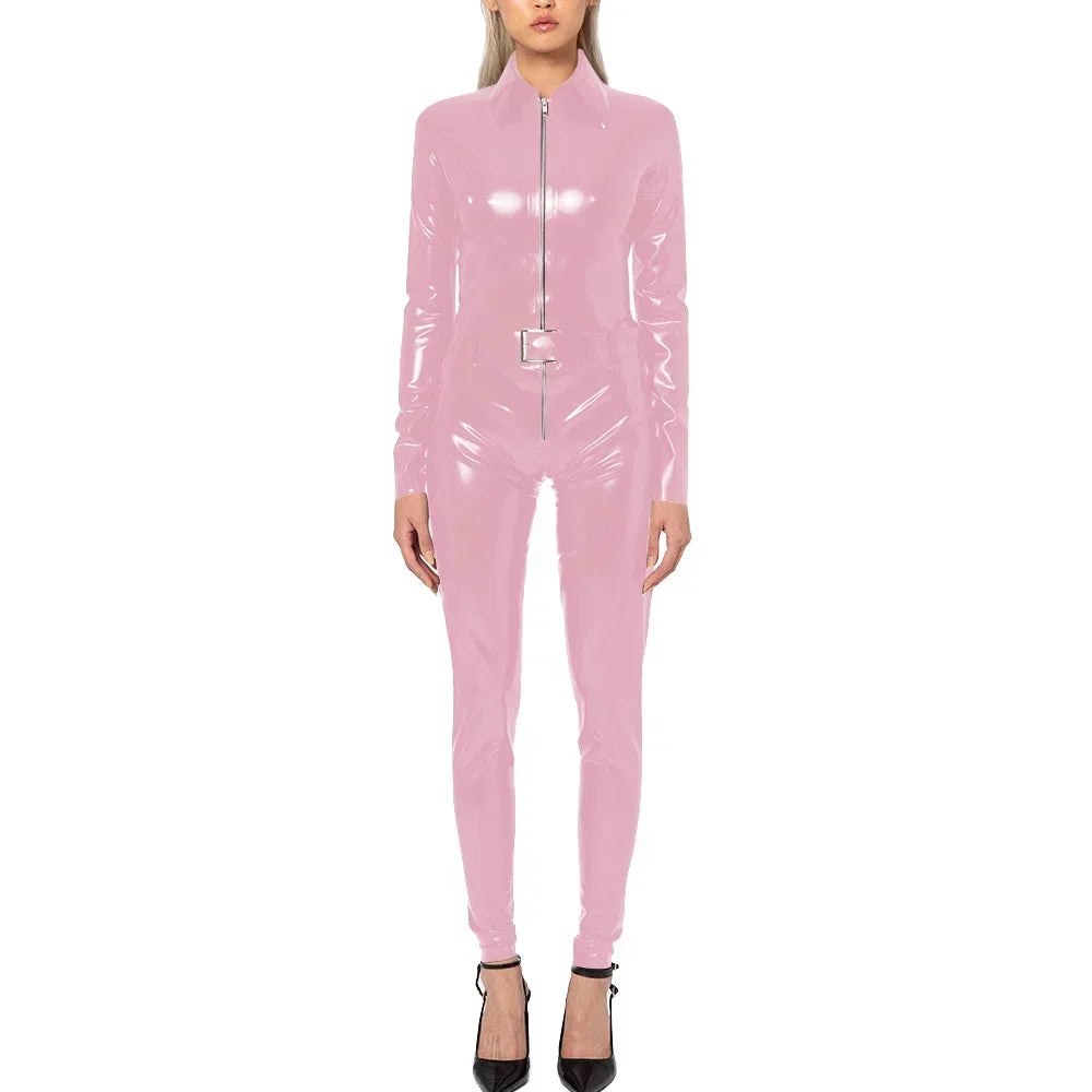 Plus Size Faux Latex Catsuit Elastic PVC Leather Zipper Long Sleeve Jumpsuit Tight Sexy Cosplay Rompers Ankle-length Club Zentai