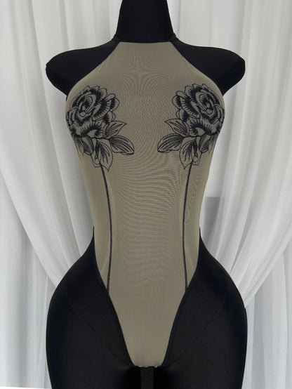 Sexy Women's Hollow Out Tight Pants Backless Bodysuits Hanging Neck Sleeveless Transparent Flower Print Bodysuits Charming UPSY