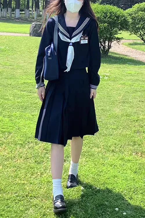 Japanese Classical Dark Blue long-sleeved sailor uniforms white collar towel High School JK uniform cosplay Cute Girl DA020