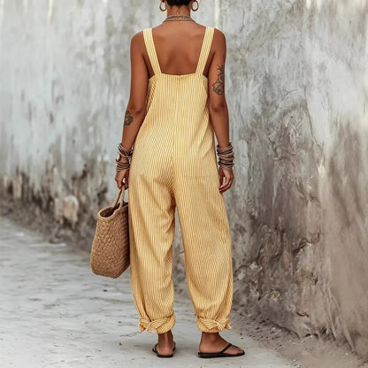Women Print Striped Jumpsuits Sleeveless Square Neck Spliced Pocket Wide Leg Pants Casual One Piece Rompers Tank Summer 2026