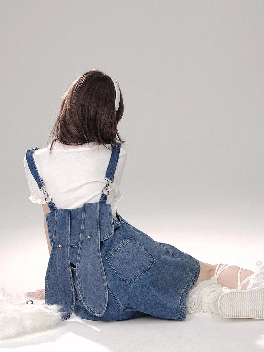 REDDACHiC Denim Blue Bunny Ears Rompers Women Star Rivets Sleeveless Wide Leg Solid Casual Overall Shorts Jumpsuit Streetwear