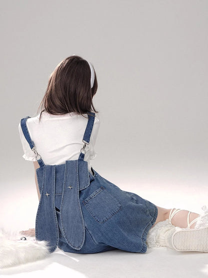REDDACHiC Denim Blue Bunny Ears Rompers Women Star Rivets Sleeveless Wide Leg Solid Casual Overall Shorts Jumpsuit Streetwear