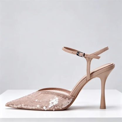 Luxury Designer Mesh Thin high Heeled Sandals Women Sexy Pointed Toe Bling Pumps Beige Open Heel Ankle Strap Wedding Party Shoes