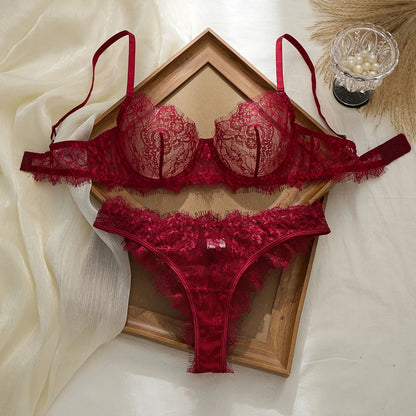 Ladies' Basic Style Thin Lace Bra And Panty Set Seamless Single Layer Eyelet Underwear Comfortable Intimate Apparel