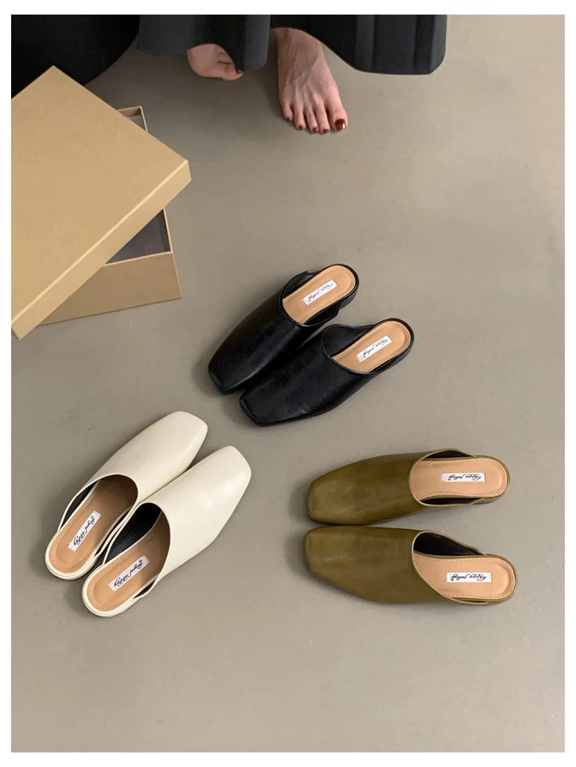 Fashion Square Toe Flat Slippers Women Casual Slip On Mule Luxury Brand Outsides Slides Elegant Pleated Ladies Shoes Sandal Flip