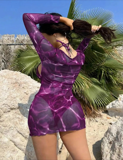 3 Piece Bikini Set Women Swimsuit Halter Cutout Metal Ring Mesh Cover Up Beach Dress Swimwear Bathing Suit
