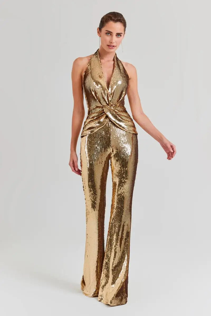 Sexy Halter Sleeveless Gold Sequined Long Bodycon Jumpsuit Pencil Skinny Rompers Twisted Celebrity Evening Runway Club Jumpsuit
