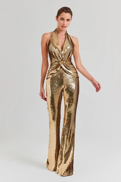 Sexy Halter Sleeveless Gold Sequined Long Bodycon Jumpsuit Pencil Skinny Rompers Twisted Celebrity Evening Runway Club Jumpsuit