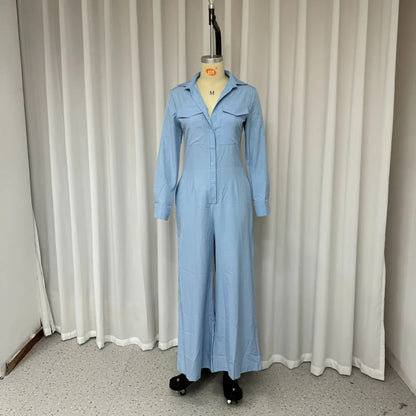 Jumpsuit Women 2024 Autumn Commuting Fashion Turn-Down Collar Long Sleeve Pocket Design Casual Jumpsuits New Female One Pieces