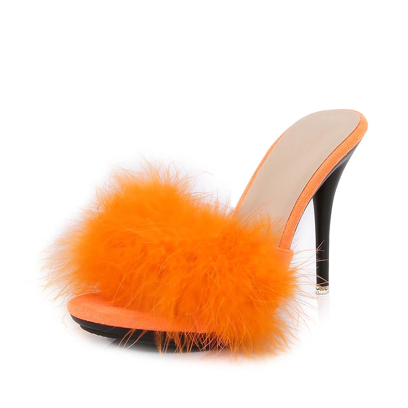 10CM Thin High Heel Summer Furry Slippers For Ladies Mules Fashion Fluffy Fur Slides Sandals 2025 New Brand Women's Party Shoes