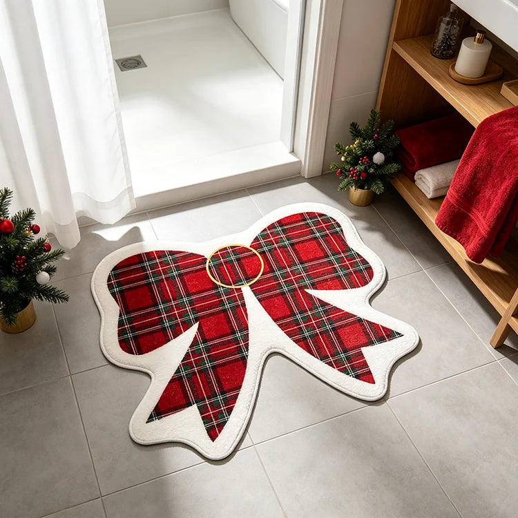 Christmas Bowknot Irregular Rug Retro Plaid Doormat Home Bedroom Bedside Atmosphere Floor Mat Festival Decor Fluffy Carpet