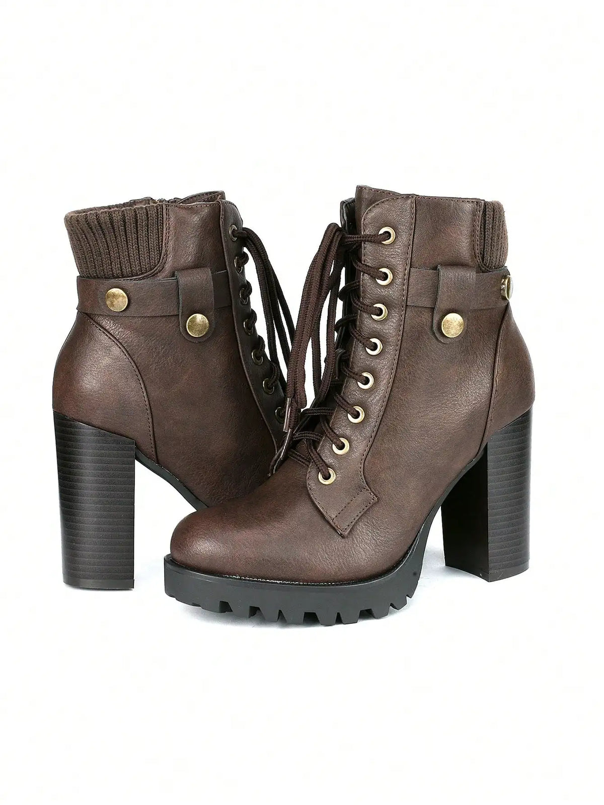 Women's Lace Up Combat Ankle Boots High Chunky Heel Fashion Heeled Booties Shoes Black Boots Ankle Boots