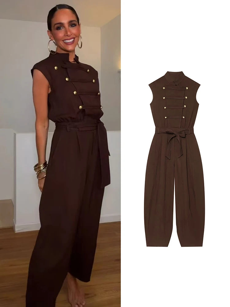 TFMLN Fashion Double Breasted Jumpsuits for Women Stand Collar Sleeveless High Waist Long Pants With Belt Elegant Rompers