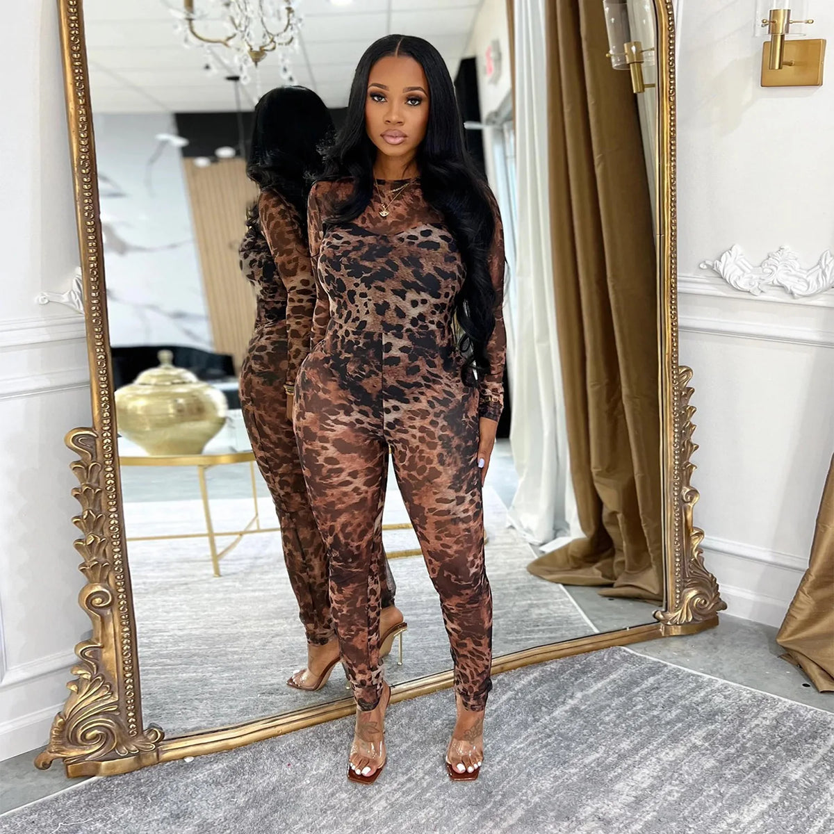 Sexy Bodycon Jumpsuits Women Clothes Leopard Mesh Print Semi Perspective Jump Suit Long Sleeve Bodysuit Nightclub Club Clothes