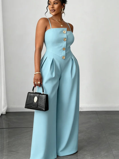 Plus Size Women Elegant Spaghetti Strap Jumpsuit Front Gold Button Pleated High Waist Wide Leg Pants Formal Party Long Jumpsuit
