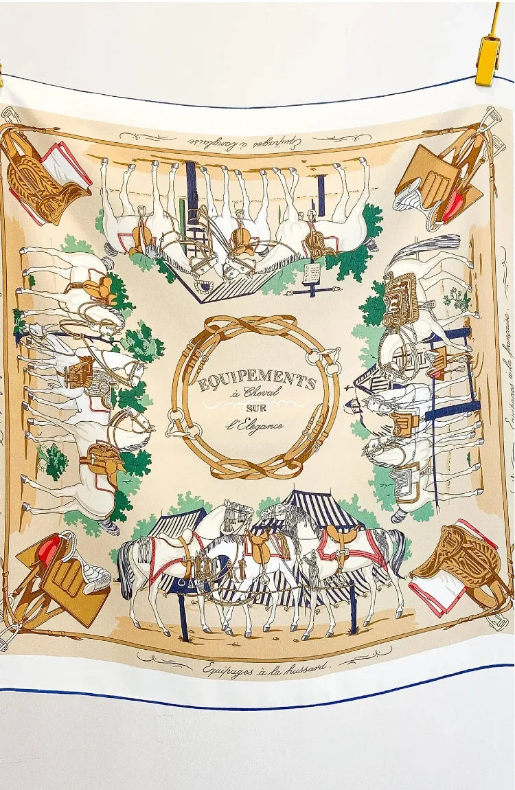 100% Mulberry Silk Square Scarf Vintage Equestrian Horse Saddle Print Bandana Unisex Neck Head Wrap Office Travel Holiday Gift